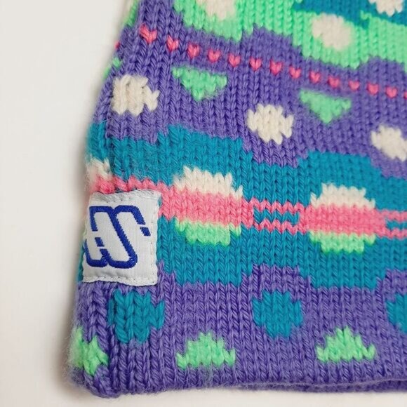 Retro 80's MURRAY MERKLEY 100% Wool Intarsia Geo Pattern Knit Beanie Hat Pom-Pom - Picture 11 of 15